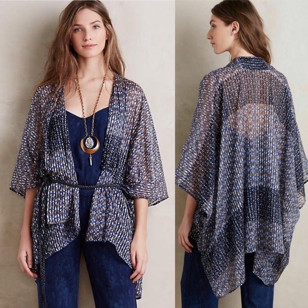 Anthropologie Elevenses Blue Shadow Stripe‎ Kimono Sz O/S Petite
